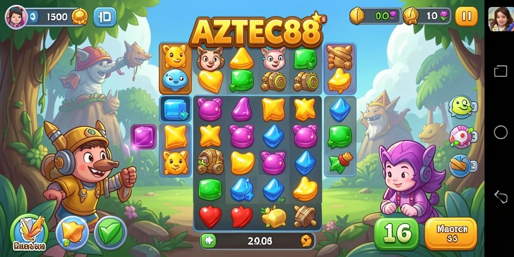 Tampilan gameplay AZTEC88 yang penuh warna dan menarik di level Match-3.