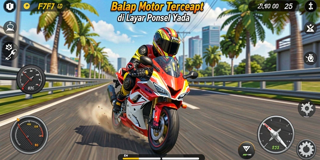 Screenshot F7F7 menampilkan aksi balap motor yang mendebarkan di jalanan kota.