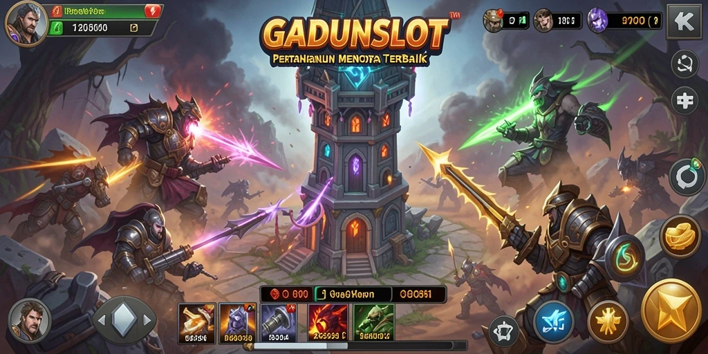 Tampilan gameplay GADUNSLOT yang seru dan menarik dalam pertahanan menara.
