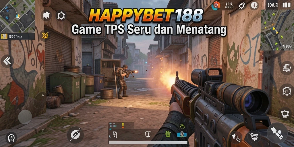 Screenshot utama gameplay HAPPYBET188 menampilkan aksi tembak-menembak yang intens.