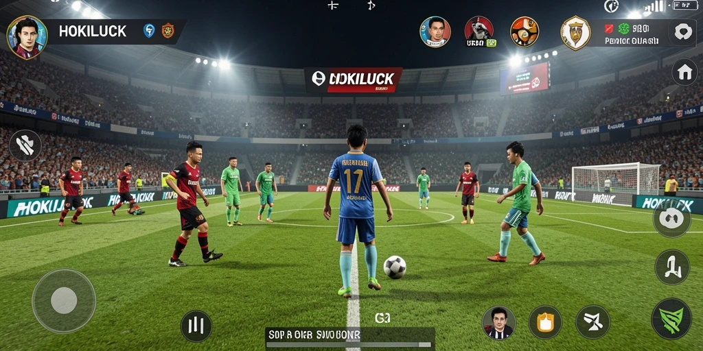 Tampilan gameplay seru HOKILUCK dengan aksi sepak bola yang intens.