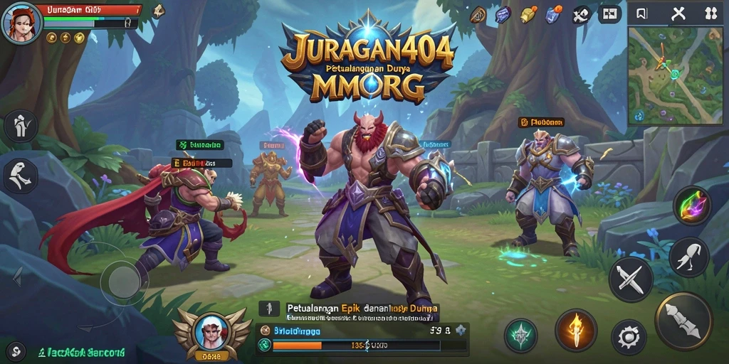 Tangkapan layar gameplay JURAGAN404 yang menampilkan pertarungan epik di dunia MMORPG.