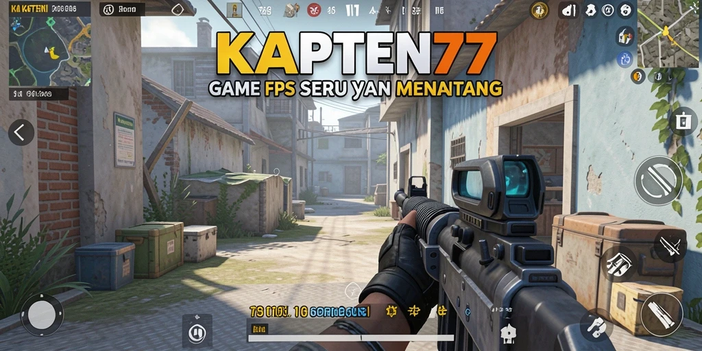 Tangkapan layar utama KAPTEN77 menampilkan aksi tembak-menembak yang seru.