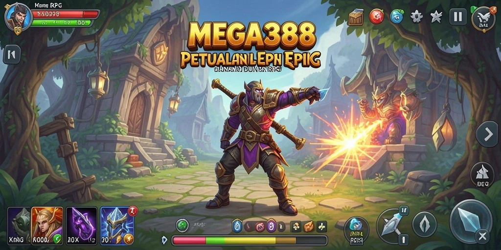 Tangkapan layar gameplay MEGA388 dengan karakter dan pertarungan epik.