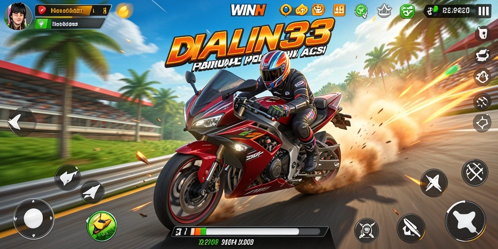 Tangkapan layar dari gameplay <strong>WIN33</strong> dengan balapan motor yang mendebarkan.