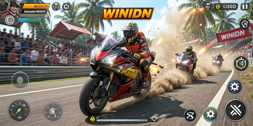 Tampilan gameplay seru dari WINIDN saat balapan motor.
